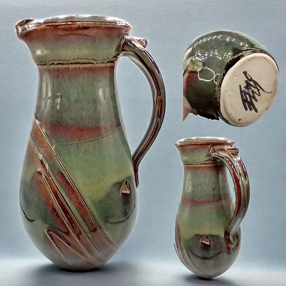 Vintage Studio Pottery Pitcher Green Brown Glaze, Signed, Applied Handle, Flaw